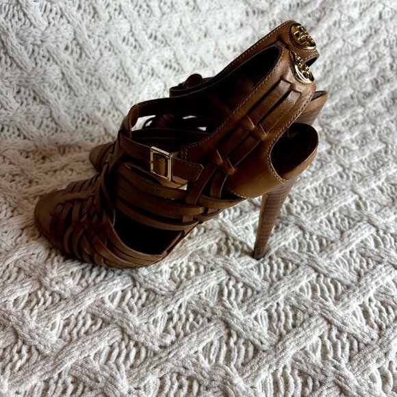 Tory Burch Nadia Huarache Sandals Women's 9 M Tan Leather Open Toe Heels‎ Logo - Picture 5 of 11